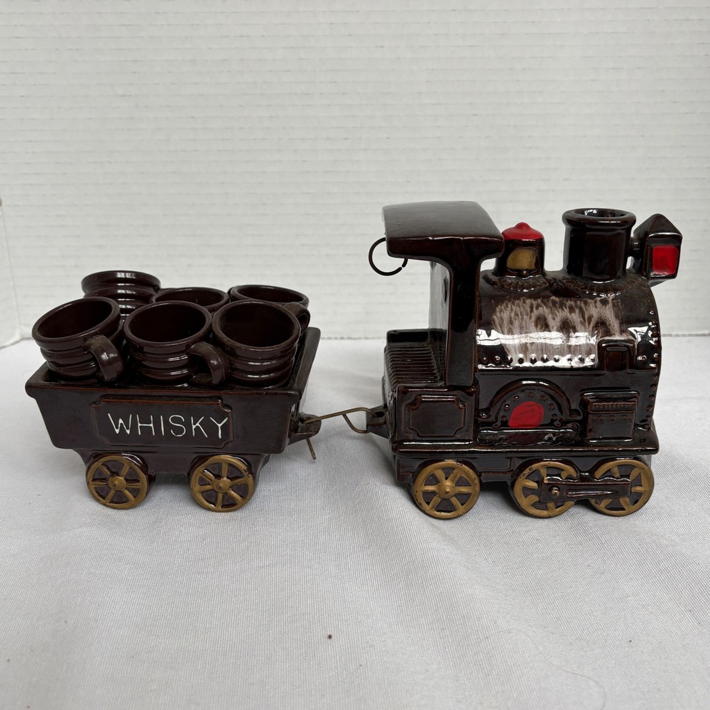 Vintage Ceramic Train Whisky Decanter Set Engine Wagon 6 Shot Mugs‎ Brown